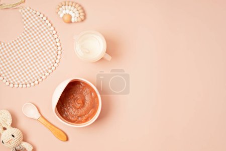 Photo for Baby puree recipe made of fresh fruits. First baby solid food recipe idea. Top view,  flat lay - Royalty Free Image