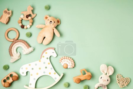 Photo for Eco fiendly child wooden toys. Sustainable, developmental, sensory toys for babies and toddlers. Top view, flat lay - Royalty Free Image