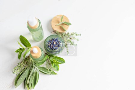 Téléchargez les photos : Mélanges botaniques, herbes, huiles essentielles pour la naturopathie. Remède naturel, phytothérapie, mélanges pour le bain et le thé sur fond de table en bois - en image libre de droit
