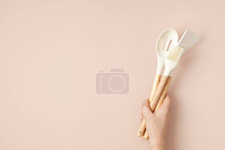 Photo for Pastel color kitchen utensils top view. Cooking blog, classes, workshop, recipe template concept - Royalty Free Image