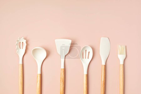 Photo for Pastel color kitchen utensils top view. Cooking blog, classes, workshop, recipe template concept - Royalty Free Image