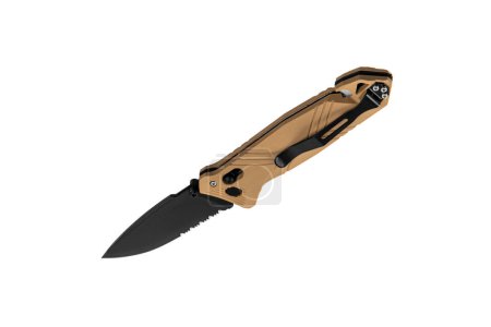 Photo for Pocket folding knife with sling cutter and cullet. Compact metal sharp knife with a black folding blade. Isolate on a white background. - Royalty Free Image