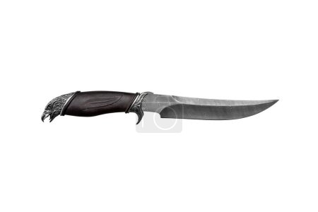 Photo for Damascus steel hunting knife. Decorative handle made of wood and metal in the form of an eagle's head. Isolate on a white background. - Royalty Free Image
