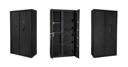 Double wing safe for weapons. A metal gun safe with two doors. Safe storage for weapons. Isolate on a white background.