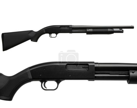 Pump-action 12 gauge shotgun isolated on a white background. Additional handle. A smooth-bore weapon with a plastc stock. 