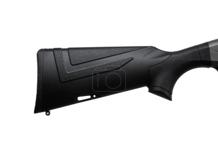 Close-up of a plastic rifle butt. Semi-automatic rifled carbine. Hunting rifle with a plastic butt. Isolate on a white background.