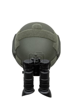 Photo for Night vision device attached to the helmet. A special device for observing in the dark. Equipment for the military, police and special forces.  Isolate on a white background. - Royalty Free Image