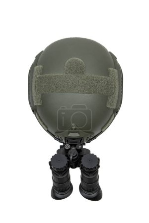 Photo for Night vision device attached to the helmet. A special device for observing in the dark. Equipment for the military, police and special forces.  Isolate on a white background. - Royalty Free Image