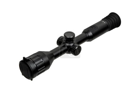 Modern sniper scope on a white background. Optical device for aiming and shooting at long distances. Sight with built-in thermal imager. Isolate on a white background.