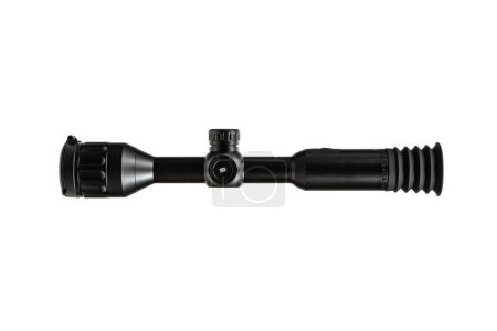 Modern sniper scope on a white background. Optical device for aiming and shooting at long distances. Sight with built-in thermal imager. Isolate on a white background.