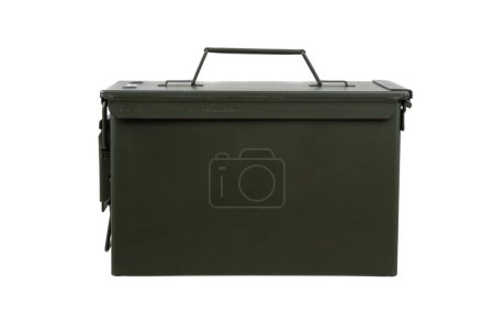 US army green metal ammo can for gun cartridges isolated on white background.