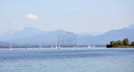 Photo for Shore of the Chiemsee in Chiemsee lake, Chiemgau, Upper Bavaria, Bavaria, southern Germany, Europe. Sailing boats in the Chiemsee lake, Germany. Sailboats and landscape of Chiemsee lake, Bavaria. - Royalty Free Image
