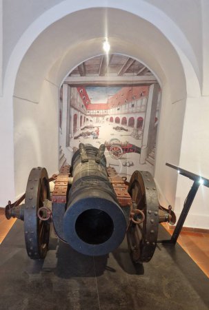 Kufstein,Austria 10.12.2023.One of the largest and highest-quality cannons, built around 1500 year were called "Purlepaus" and "Weckauf" and were able to shoot cannon balls with a mass of up to 100 kg