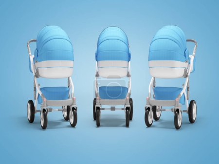 Photo for 3d illustration of group of baby carriages cradle with basket for walks back view on blue background with shadow - Royalty Free Image