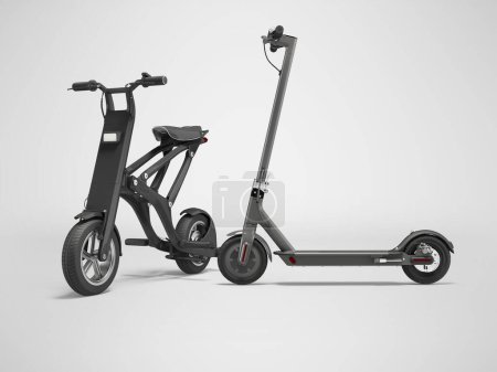 Foto de 3d ilustración de grupo de scooters eléctricos para caminar por la ciudad sobre fondo gris con sombra - Imagen libre de derechos