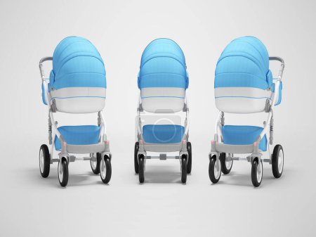 Foto de 3d ilustración de grupo de cochecitos de bebé cuna con cesta para paseos vista posterior sobre fondo gris con sombra - Imagen libre de derechos
