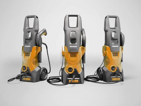 Photo for 3d illustration orange group electric high pressure washer for washing cars on gray background with shadow - Royalty Free Image