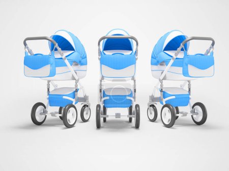 Photo for 3d illustration of group of baby carriages cradle with basket for walks front view on gray background with shadow - Royalty Free Image