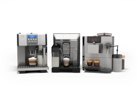 Téléchargez les photos : Illustration 3D d'un groupe de machines à café professionnelles pour différentes boissons au café sur fond blanc avec ombre - en image libre de droit