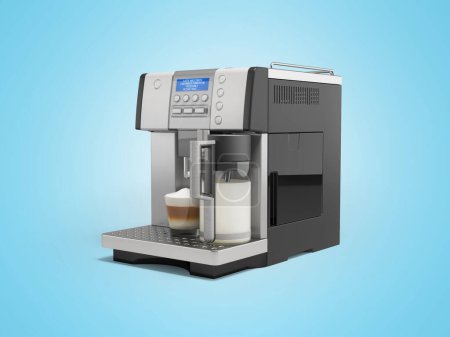 Foto de 3d ilustración de cafetera automática profesional con máquina de capuchino para hacer bebidas de café sobre fondo azul con sombra - Imagen libre de derechos