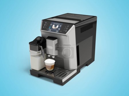 Téléchargez les photos : Illustration 3D de machine à café à écran tactile avec machine à cappuccino pour boissons à café vue de face sur fond bleu avec ombre - en image libre de droit