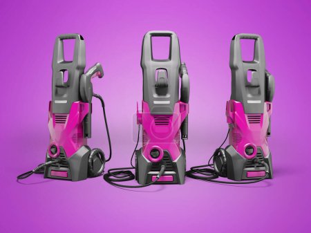 Photo for 3d illustration pink group electric mini high pressure washer for washing cars on violet background with shadow - Royalty Free Image