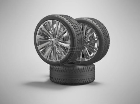 3D illustration set wheels for car on gray background with shadow