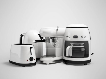 3D-Illustration einer Gruppe von Küchengeräten für die Küche auf grauem Hintergrund mit Schatten