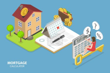 3D Isometric Flat Vector Conceptual Illustration of Mortgage Calculator, Real Estate Investment