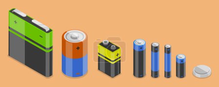 Illustration for 3D Isometric Flat Vector Conceptual Illustration of Battery Set, Alkaline Batteries Dfferent Size - Royalty Free Image
