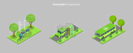 Téléchargez les illustrations : Illustration conceptuelle 3D vecteur plat isométrique du transport durable, véhicules écologiques verts - en licence libre de droit