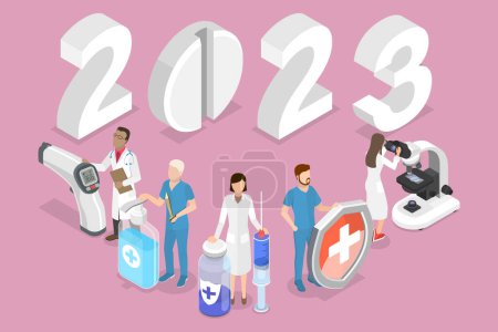 3D Isometric Flat Vector Conceptual Illustration of New Year 2023 And Medicine, Template For Medical Poster Or Calendar