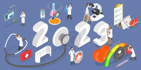 3D Isometrische Flat Vector Konzeptuelle Illustration von Gesundheitswesen und Medizin im neuen Jahr 2023, Medical Web Banner