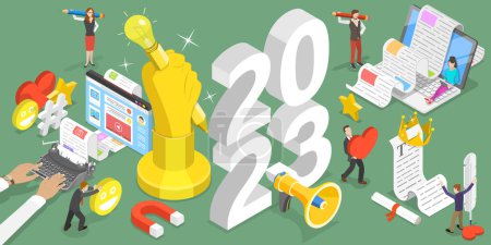Illustration for 3D Isometric Flat Vector Conceptual Illustration of New Year 2023 Blogging Trends, Commercial Blog Posting - Royalty Free Image