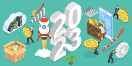 3D Isometrischer Flat Vector Konzeptionelle Illustration des neuen Jahres 2023 Kryptowährungstrends, Digitalgeld und Blockchain-Technologie
