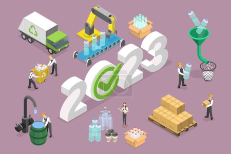 3D Isometric Flat Vector Conceptual Illustration of New Year 2023 And Plastics Recycling, Reducing Pollution And Waste, Saving The Earth