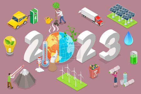 Illustration for 3D Isometric Flat Vector Conceptual Illustration of New Year 2023 And Climate Change, Greenhouse Effect Preventing - Royalty Free Image