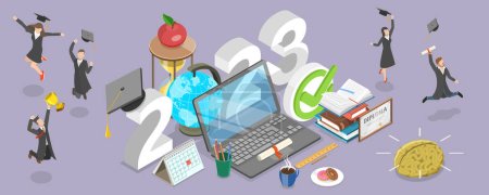 3D Isometric Flat Vector Conceptual Illustration of 2023 - Academical Year Online, Distance Courses And E-learning, Back To Digital School