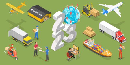 Illustration for 3D Isometric Flat Vector Conceptual Illustration of New Year 2023 And Transport Logistics, Inventory Management And Cargo Delivery - Royalty Free Image