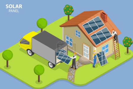 3D Isometric Flat Vector Conceptual Illustration of Installing Alternative Energy Photovoltaic Solar Panels, Sustainable Green Energy