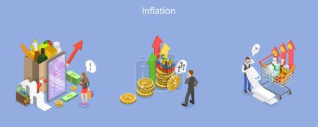Téléchargez les illustrations : Illustration conceptuelle 3D du vecteur plat isométrique de l'inflation, de la hausse des prix, de la réduction du pouvoir d'achat de l'argent - en licence libre de droit