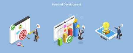 3D Isometric Flat Vector Conceptual Illustration of Personal Development, Completing Task and Reaching Goal