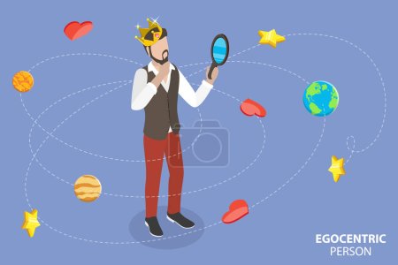3D Isometric Flat Vector Conceptual Illustration of Egocentric Person, Narcissist Man, Excessive Self Love