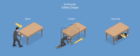 3D Isometric Flat Vector Conceptual Illustration of Earthquake Safety Steps, Labeled Educational Schema