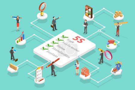 Illustration for 3D Isometric Flat Vector Conceptual Illustration of Workplace Organization 5S Methodology, Sort, Set in Order, Shine, Standardize and Sustain - Royalty Free Image