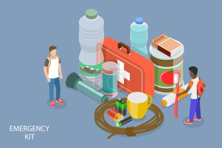 Illustration for 3D Isometric Flat Vector Conceptual Illustration of Emergency Kit, Disaster-preventive Items Set - Royalty Free Image