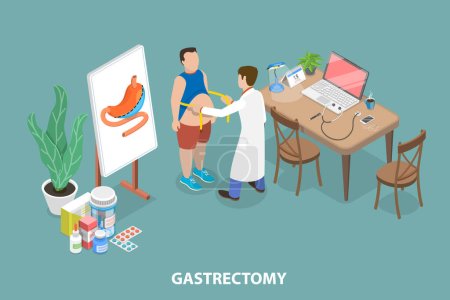 Ilustración de Ilustración conceptual del vector plano isométrico 3D de la gastrectomía, cirugía del estómago, procedimiento gástrico de la pérdida de peso - Imagen libre de derechos