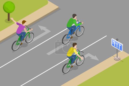 Ilustración conceptual del vector plano isométrico 3D del montar en bicicleta seguro, reglas y extremidades de la regulación del tráfico