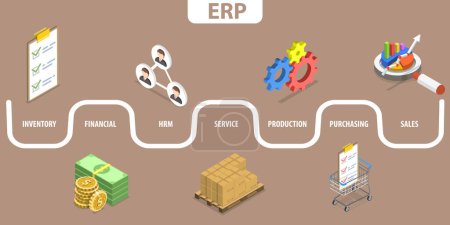 Illustration for 3D Isometric Flat Vector Conceptual Illustration of ERP, Enterprise Resource Planning Structure and Workflow - Royalty Free Image