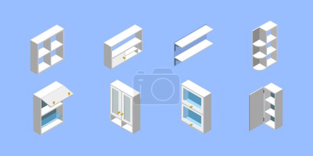 Ilustración de 3D Isometric Flat Vector Set of Kitchen Cabinets, Empty Wooden Storages and Shelves - Imagen libre de derechos